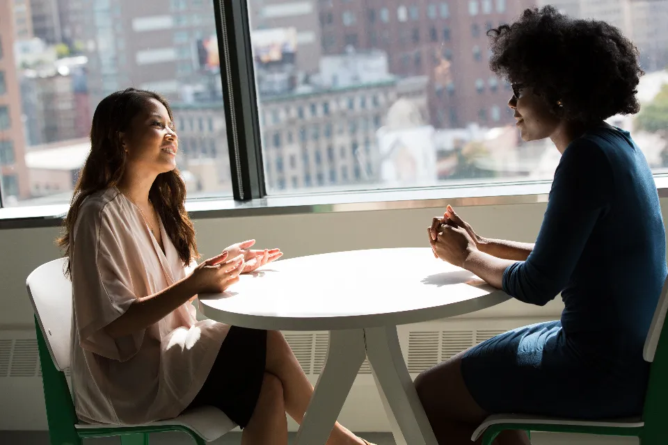 Two businesswomen in a consulting session by an office window
