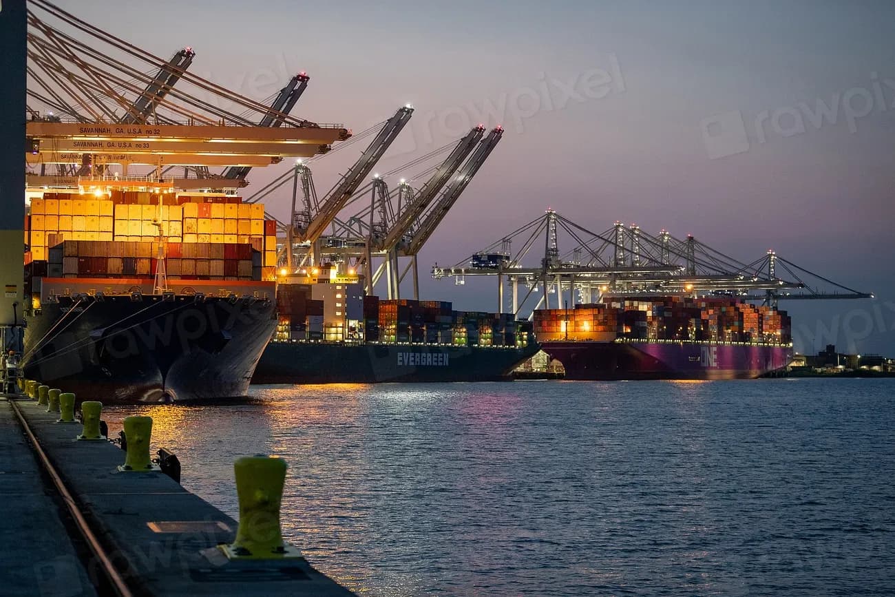 Container ships docked at a port terminal at dusk