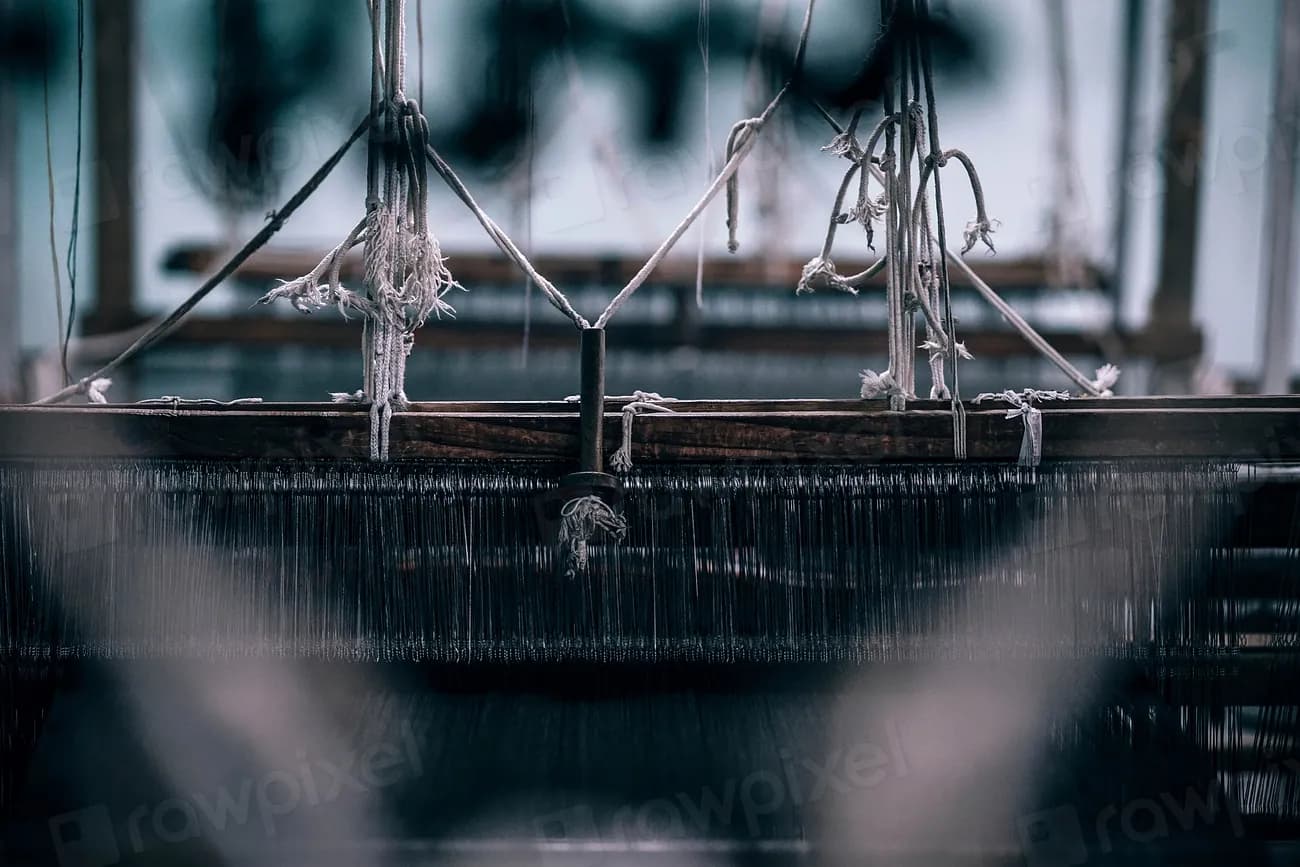 Close-up of threads on an industrial weaving loom